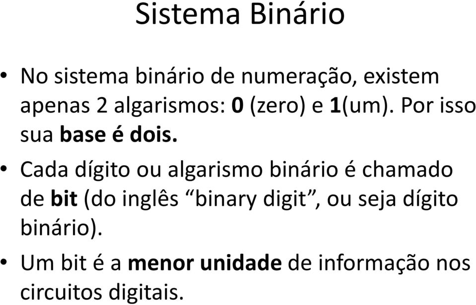 Cada dígito ou algarismo binário é chamado de bit (do inglês binary