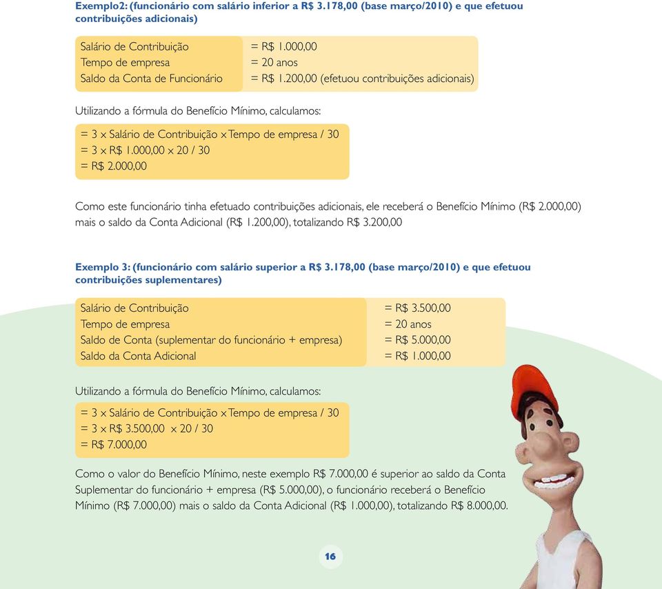 00 Como este funcionário tinha efetuado contribuições adicionais, ele receberá o Benefício Mínimo (R$ 2.00) mais o saldo da Conta Adicional (R$ 1.20), totalizando R$ 3.