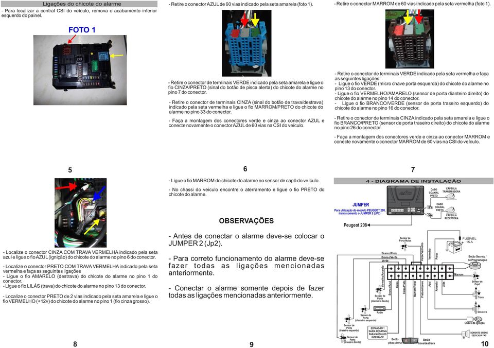 - Retire o conector de terminais VERDE indicado pela seta amarela e ligue o fio CINZA/ (sinal do botão de pisca alerta) do chicote do alarme no pino 7 - Retire o conector de terminais CINZA (sinal do