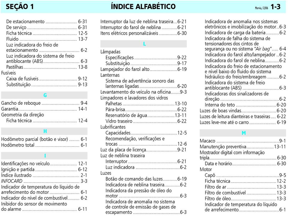 .. 14-1 Geometria da direção Ficha técnica... 12-4 H Hodômetro parcial (botão e visor)... 6-1 Hodômetro total... 6-1 I Identificações no veículo... 12-1 Ignição e partida... 6-12 Índice ilustrado.