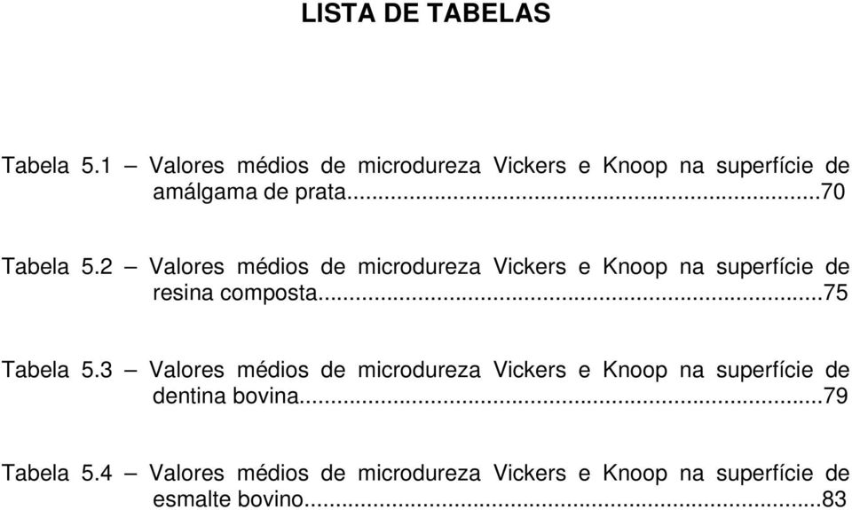 2 Valores médios de microdureza Vickers e Knoop na superfície de resina composta...75 Tabela 5.