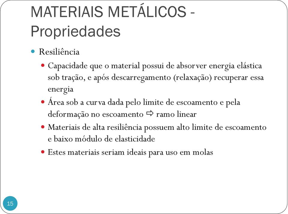 escoamento e pela deformação no escoamento ramo linear Materiais de alta resiliência possuem