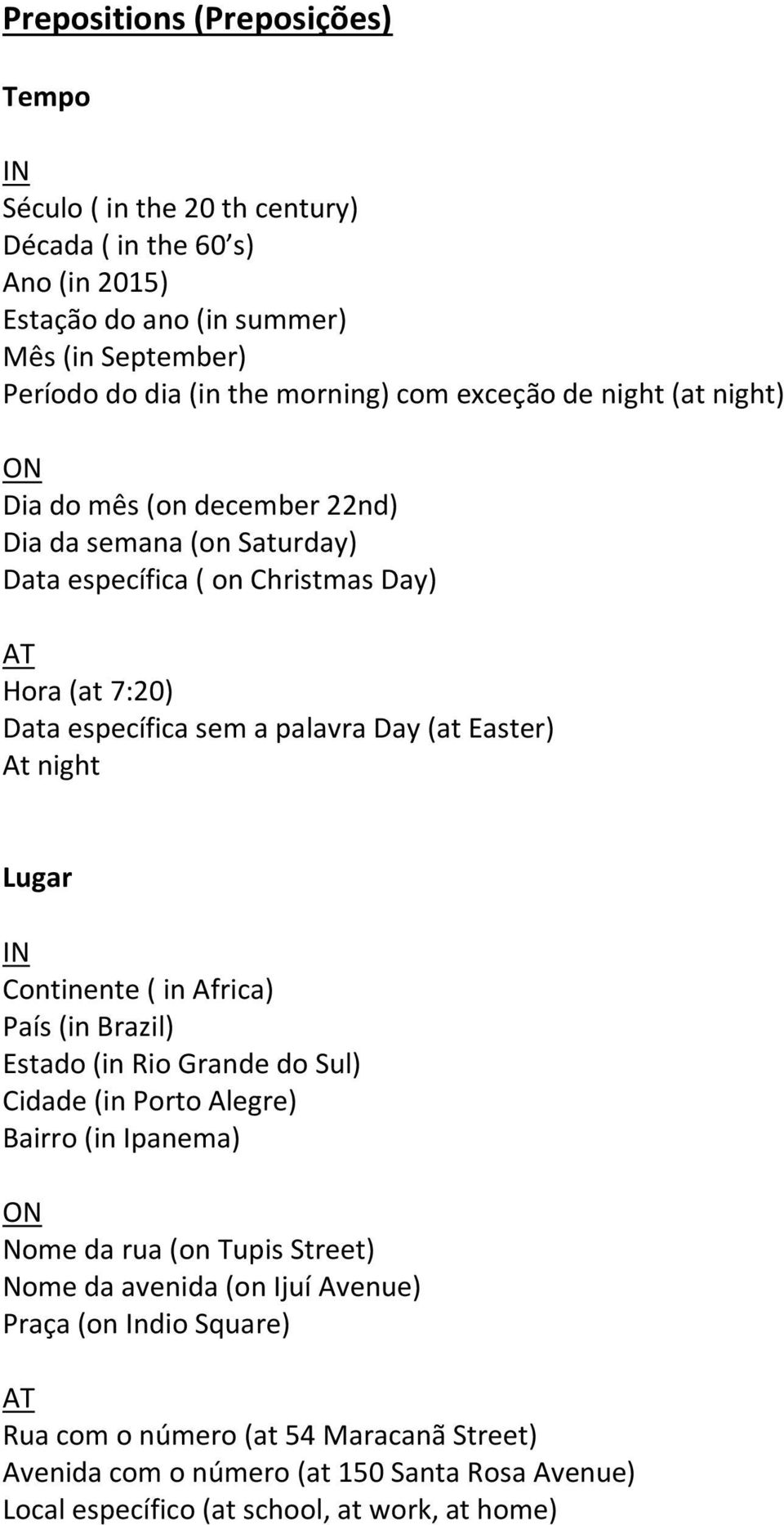 (at Easter) At night Lugar IN Continente ( in Africa) País (in Brazil) Estado (in Rio Grande do Sul) Cidade (in Porto Alegre) Bairro (in Ipanema) ON Nome da rua (on Tupis Street) Nome