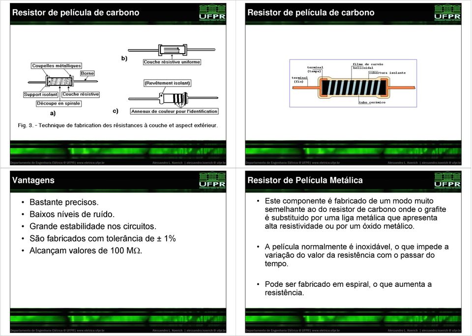 Resistor de Película Metálica Este componente é fabricado de um modo muito semelhante ao do resistor de carbono onde o grafite é substituido por uma