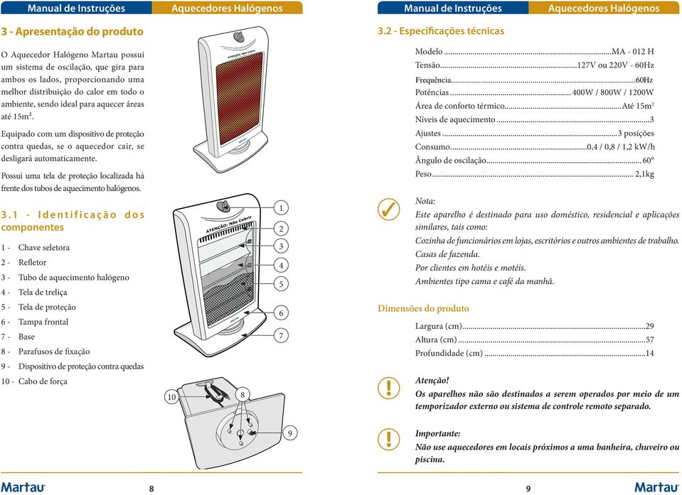 para aquecer áreas até 5m². ATENÇÃO: Não Cobrir Modelo...MA - 02 H Tensão...27V ou 220V - 60Hz Frequência...60Hz Potências... 400W / 800W / 200W Área de conforto térmico.
