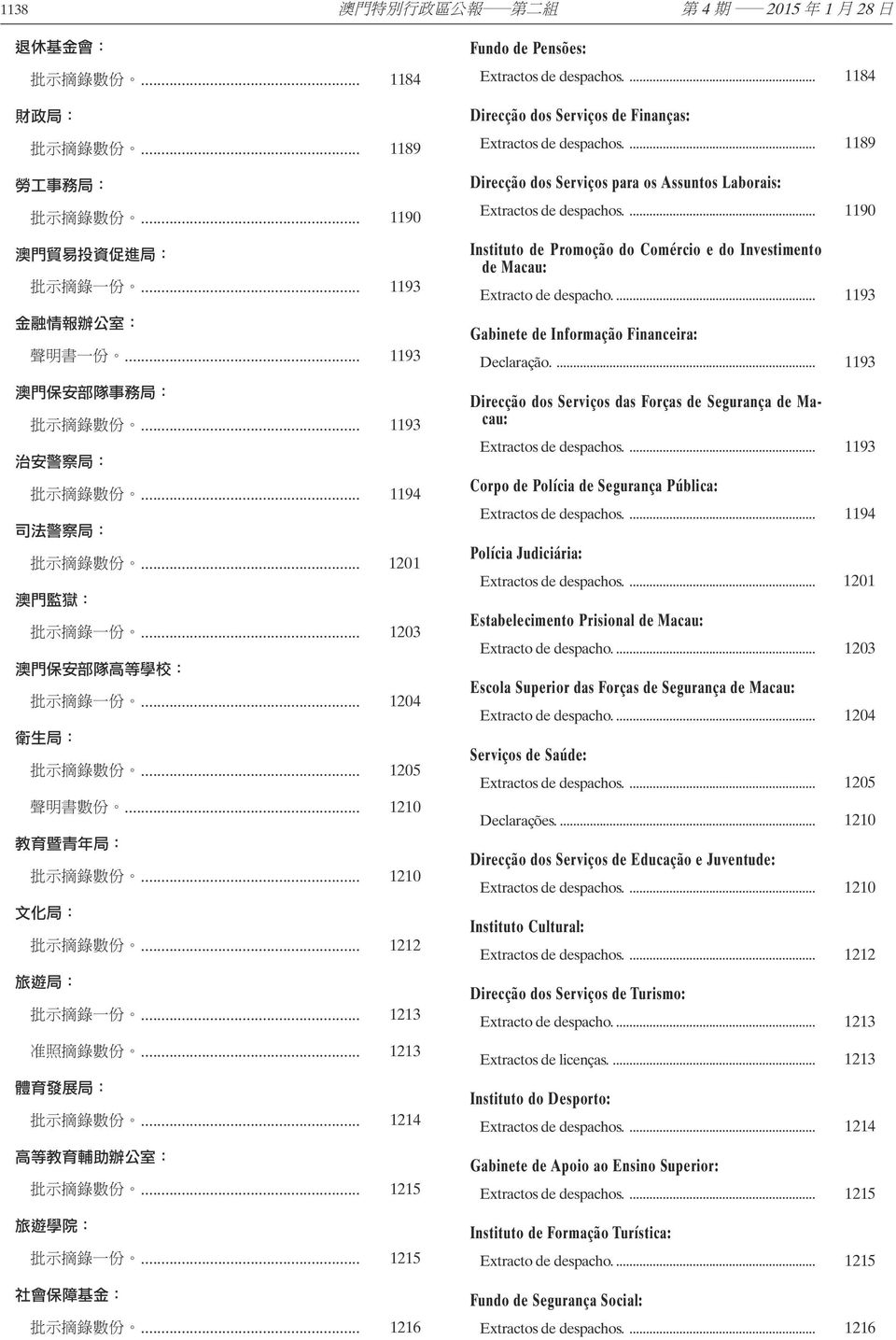 .. 1215 批 示 摘 錄 一 份... 1215 批 示 摘 錄 數 份... 1216 Fundo de Pensões: Extractos de despachos.... 1184 Direcção dos Serviços de Finanças: Extractos de despachos.