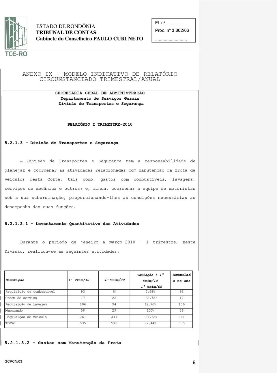 3 Divisão de Transportes e Segurança A Divisão de Transportes e Segurança tem a responsabilidade de planejar e coordenar as atividades relacionadas com manutenção da frota de veículos desta Corte,