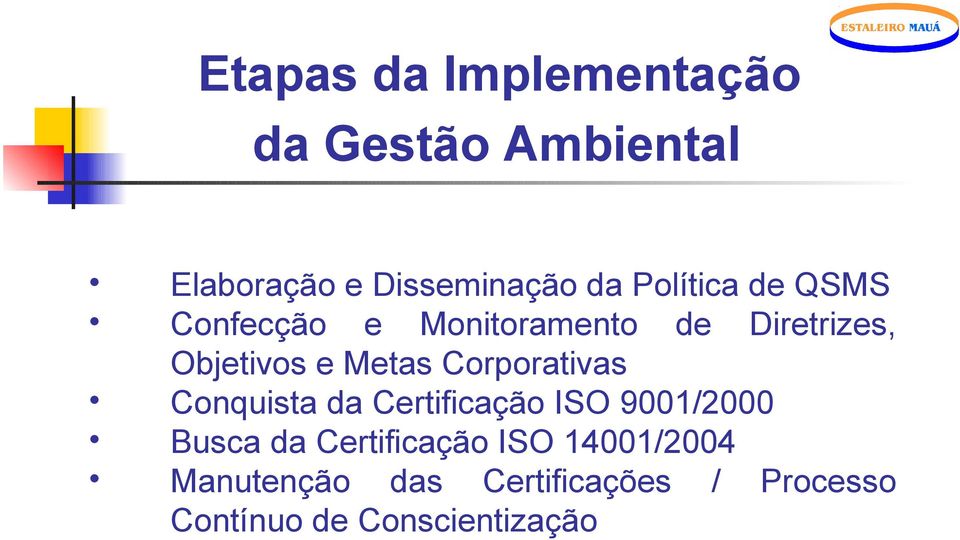 Corporativas Conquista da Certificação ISO 9001/2000 Busca da Certificação