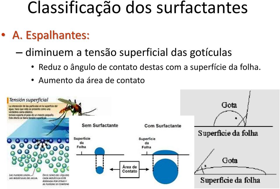 das gotículas Reduz o ângulo de contato