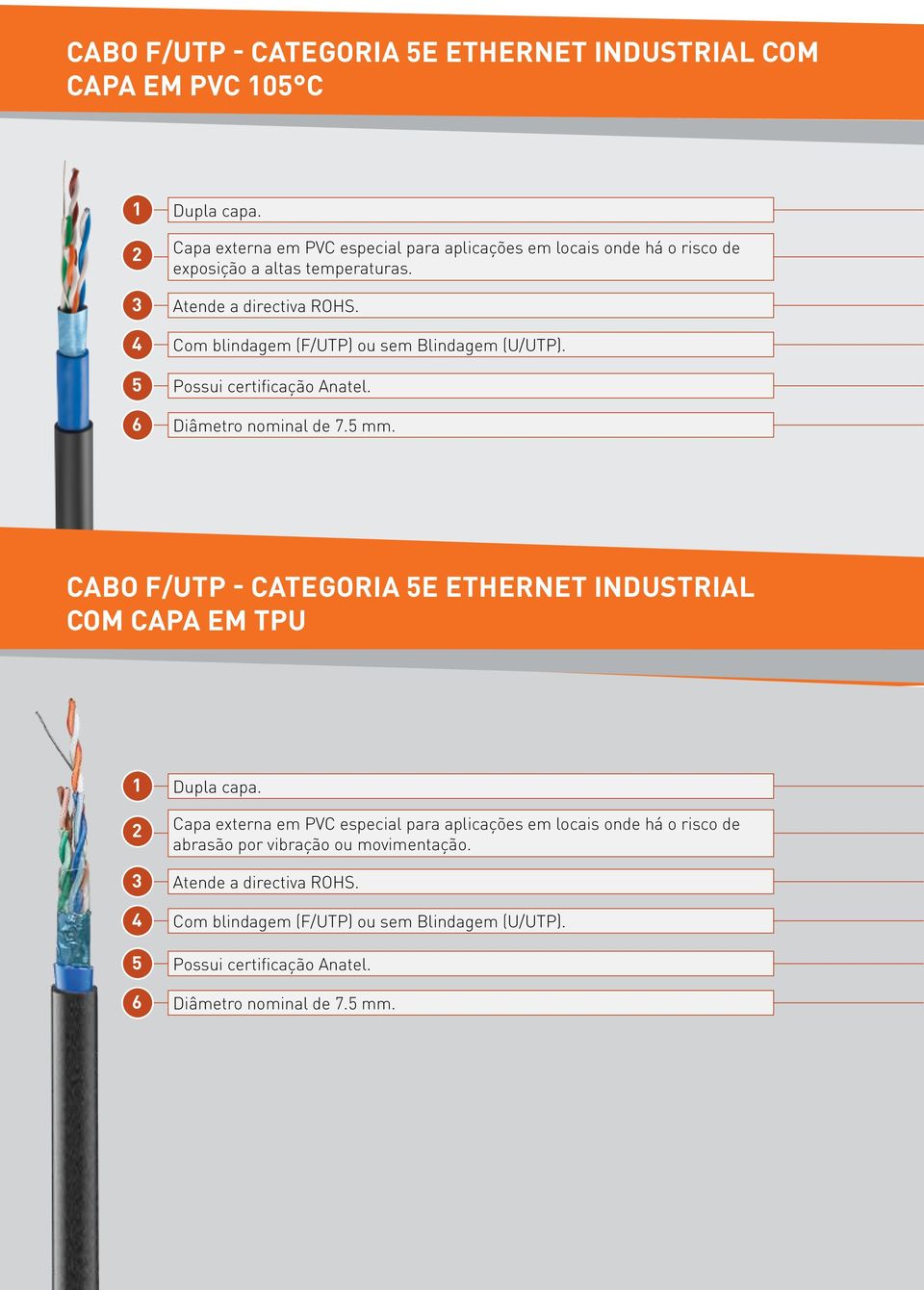 4 Com blindagem (F/UTP) ou sem Blindagem (U/UTP). 5 Possui certificação Anatel. 6 Diâmetro nominal de 7.5 mm.