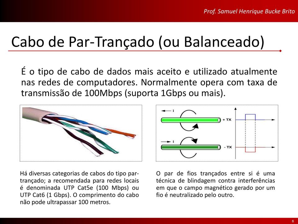 Há diversas categorias de cabos do tipo partrançado; a recomendada para redes locais é denominada UTP Cat5e (100 Mbps) ou UTP Cat6 (1