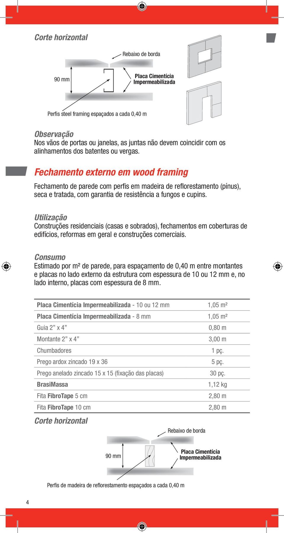 Fechamento externo em wood framing Fechamento de parede com perfis em madeira de reflorestamento (pínus), seca e tratada, com garantia de resistência a fungos e cupins.