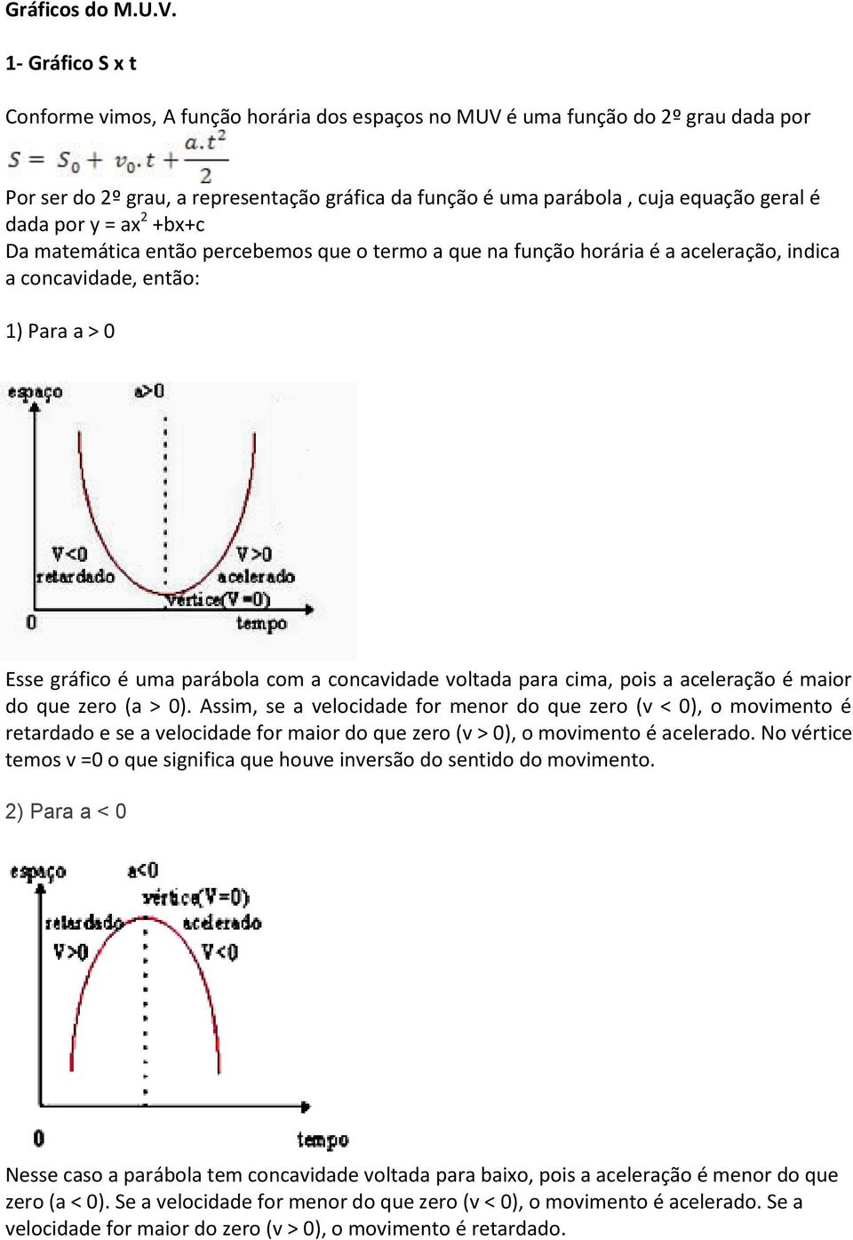 por y = ax 2 +bx+c Da matemática então percebemos que o termo a que na função horária é a aceleração, indica a concavidade, então: 1) Para a > 0 Esse gráfico é uma parábola com a concavidade voltada