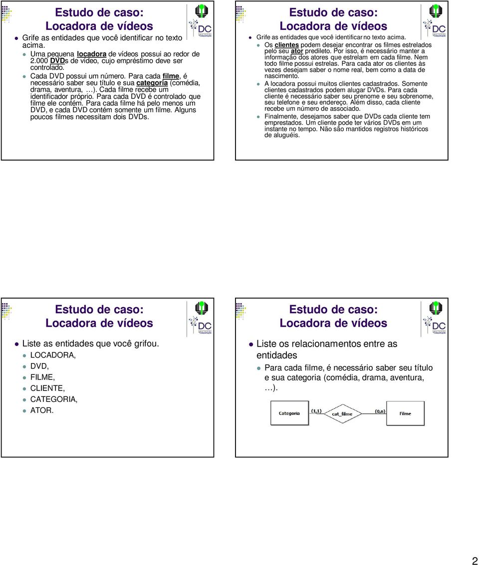 Para cada filme há pelo menos um DVD, e cada DVD contém somente um filme. Alguns poucos filmes necessitam dois DVDs. Grife as que você identificar no texto acima.