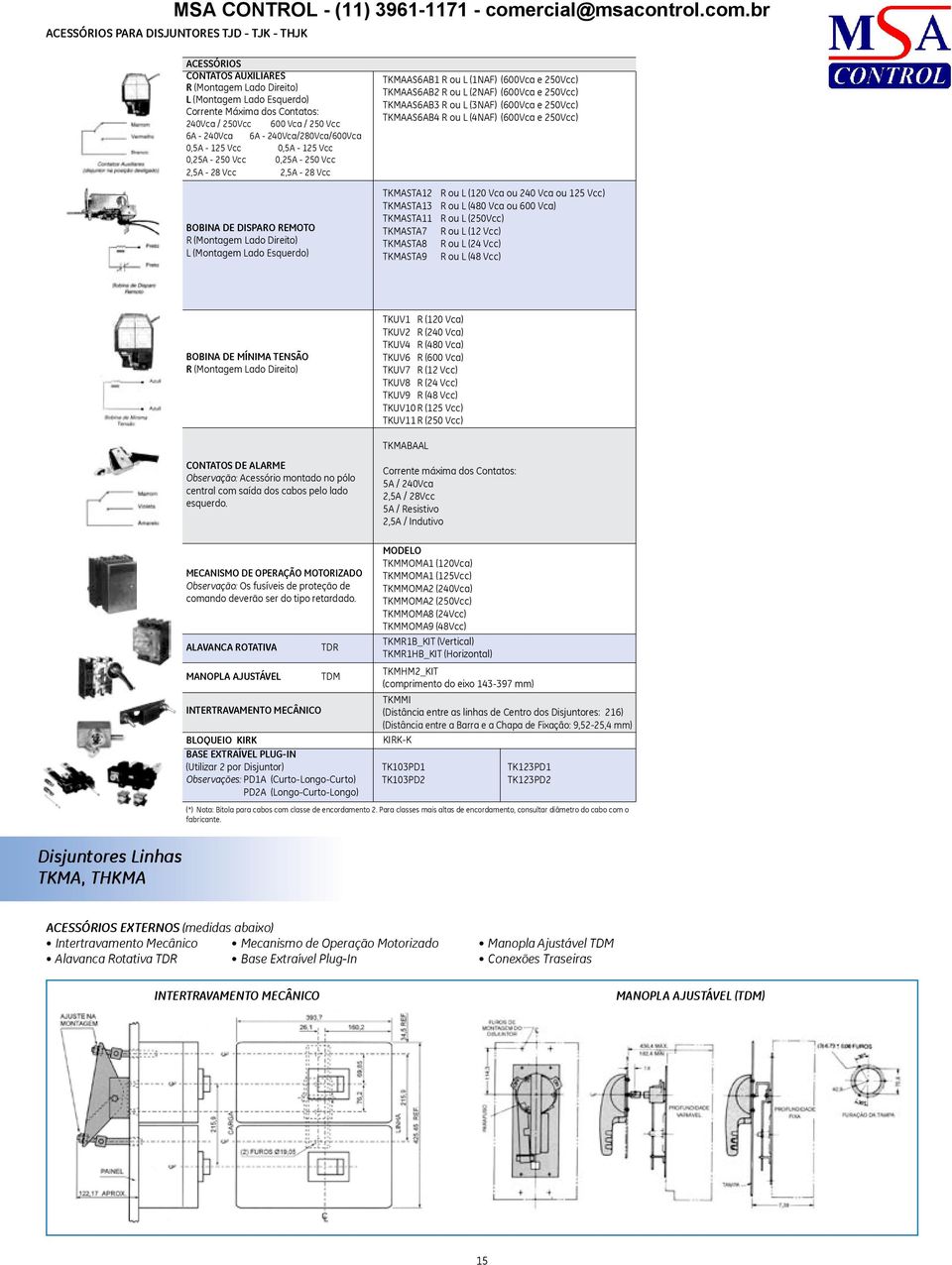 br ACESSÓRIOS PARA DISJUNTORES TJD TJK THJK ACESSÓRIOS CONTATOS AUILIARES L (Montagem Lado Esquerdo) Corrente Máxima dos Contatos: 240Vca / 250Vcc Vca / 250 Vcc 6A 240Vca 6A 240Vca/280Vca/Vca 0,5A