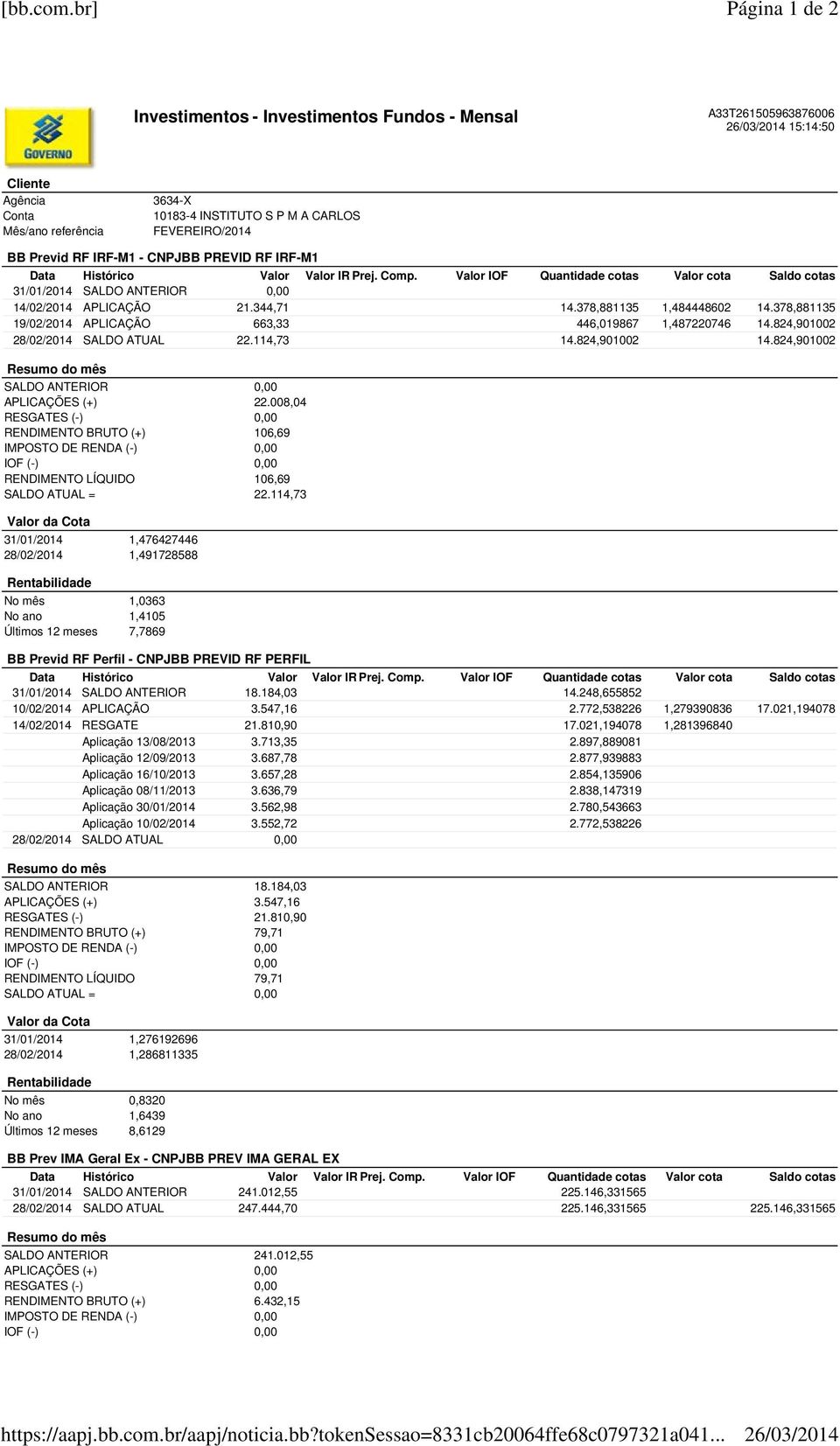 RF IRF-M1 - CNPJBB PREVID RF IRF-M1 Data Histórico Valor Valor IR Prej. Comp. Valor IOF Quantidade cotas Valor cota Saldo cotas 31/01/2014 SALDO ANTERIOR 0,00 14/02/2014 APLICAÇÃO 21.344,71 14.