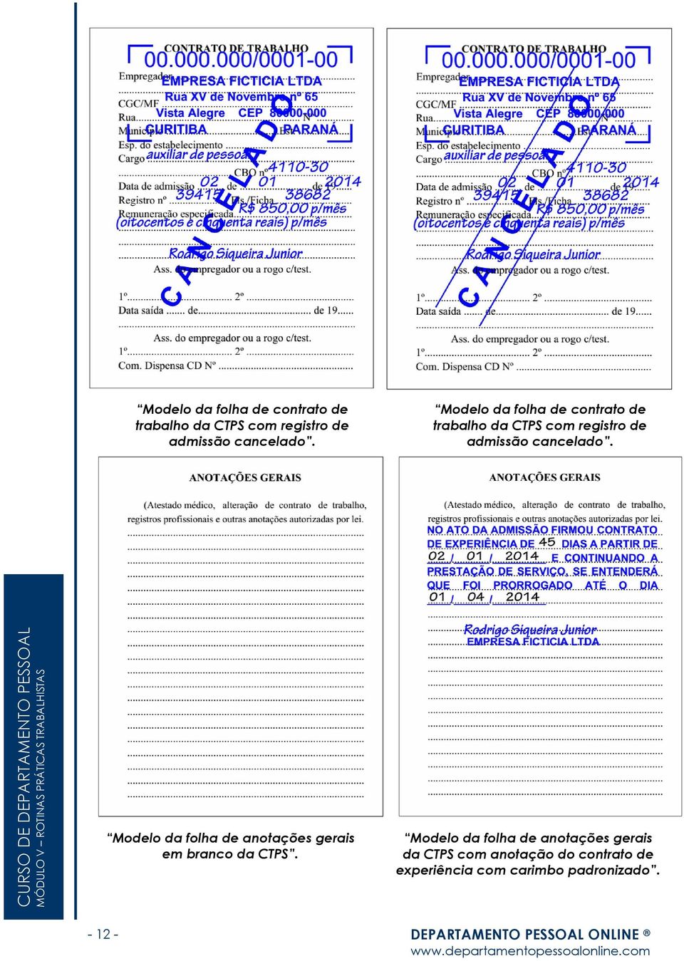 Modelo da folha de anotações gerais da CTPS com anotação do contrato de experiência