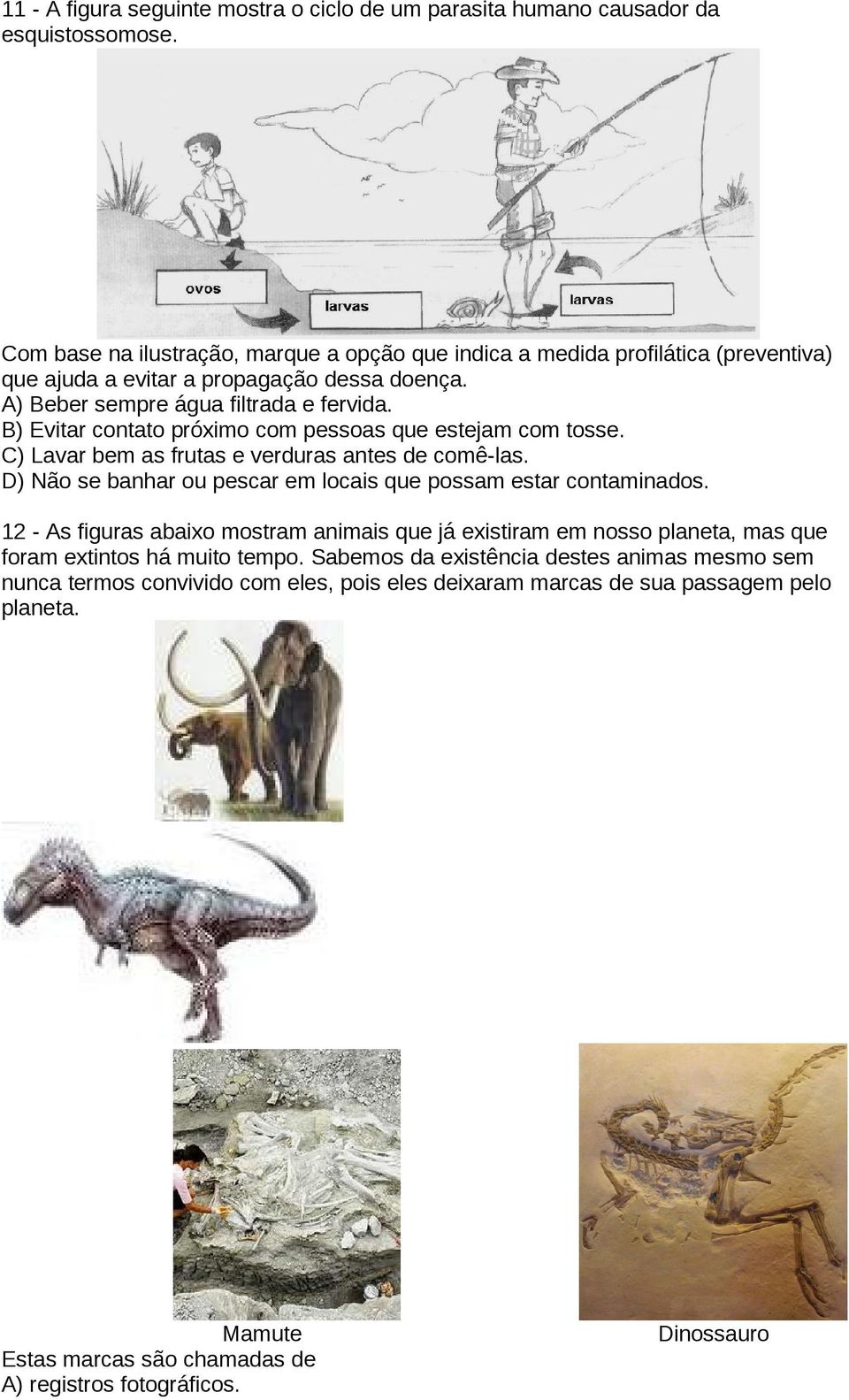 B) Evitar contato próximo com pessoas que estejam com tosse. C) Lavar bem as frutas e verduras antes de comê-las. D) Não se banhar ou pescar em locais que possam estar contaminados.