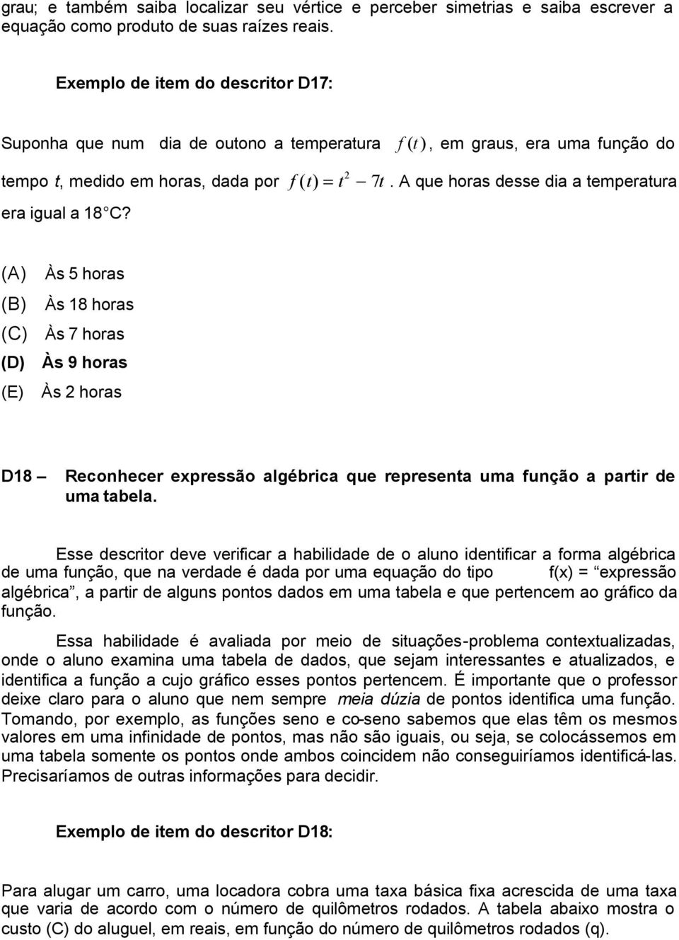 A que horas desse dia a temperatura (A) Às 5 horas (B) Às 18 horas (C) Às 7 horas (D) Às 9 horas (E) Às horas D18 Reconhecer expressão algébrica que representa uma função a partir de uma tabela.