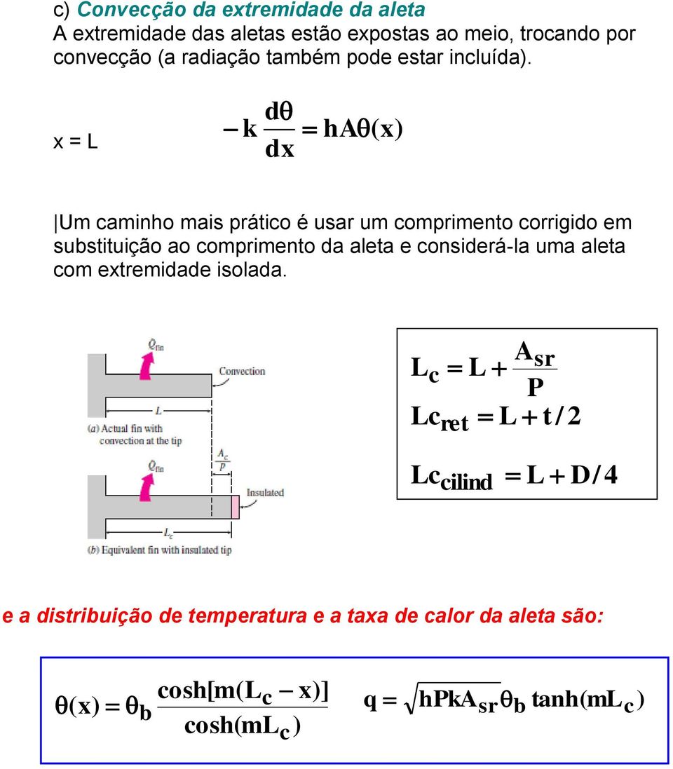 x = L k d dx ha(x) Um caminho mais prático é usar um comprimento corrigido em sustituição ao comprimento da aleta e