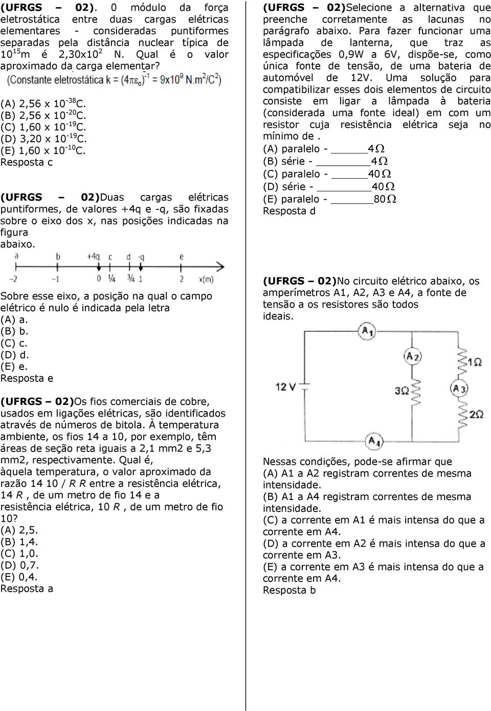 Resposta c (UFRGS 02)Duas cargas elétricas puntiformes, de valores +4q e -q, são fixadas sobre o eixo dos x, nas posições indicadas na figura abaixo.