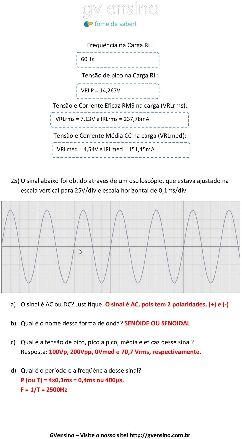 a) O sinal é AC ou DC? Justifique. O sinal é AC, pois tem 2 polaridades, (+) e (-) b) Qual é o nome dessa forma de onda?