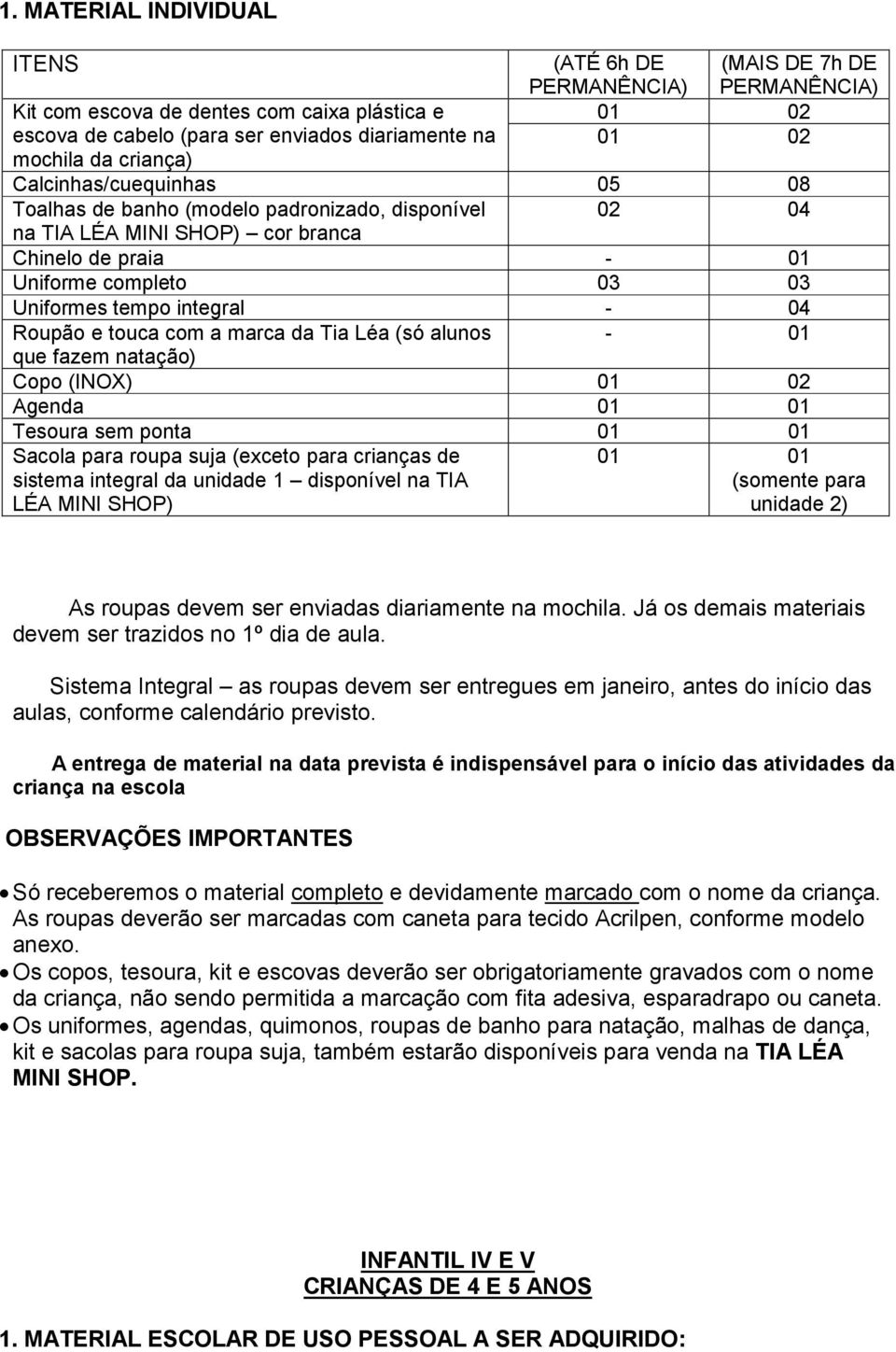 Léa (só alunos - 01 que fazem natação) Copo (INOX) 01 02 Agenda Tesoura sem ponta Sacola para roupa suja (exceto para crianças de sistema integral da unidade 1 disponível na TIA LÉA MINI SHOP)