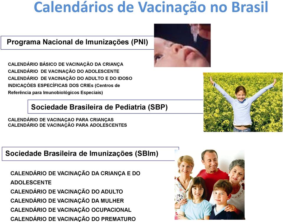 Pediatria (SBP) CALENDÁRIO DE VACINAÇAO PARA CRIANÇAS CALENDÁRIO DE VACINAÇÃO PARA ADOLESCENTES Sociedade Brasileira de Imunizações (SBIm) CALENDÁRIO DE