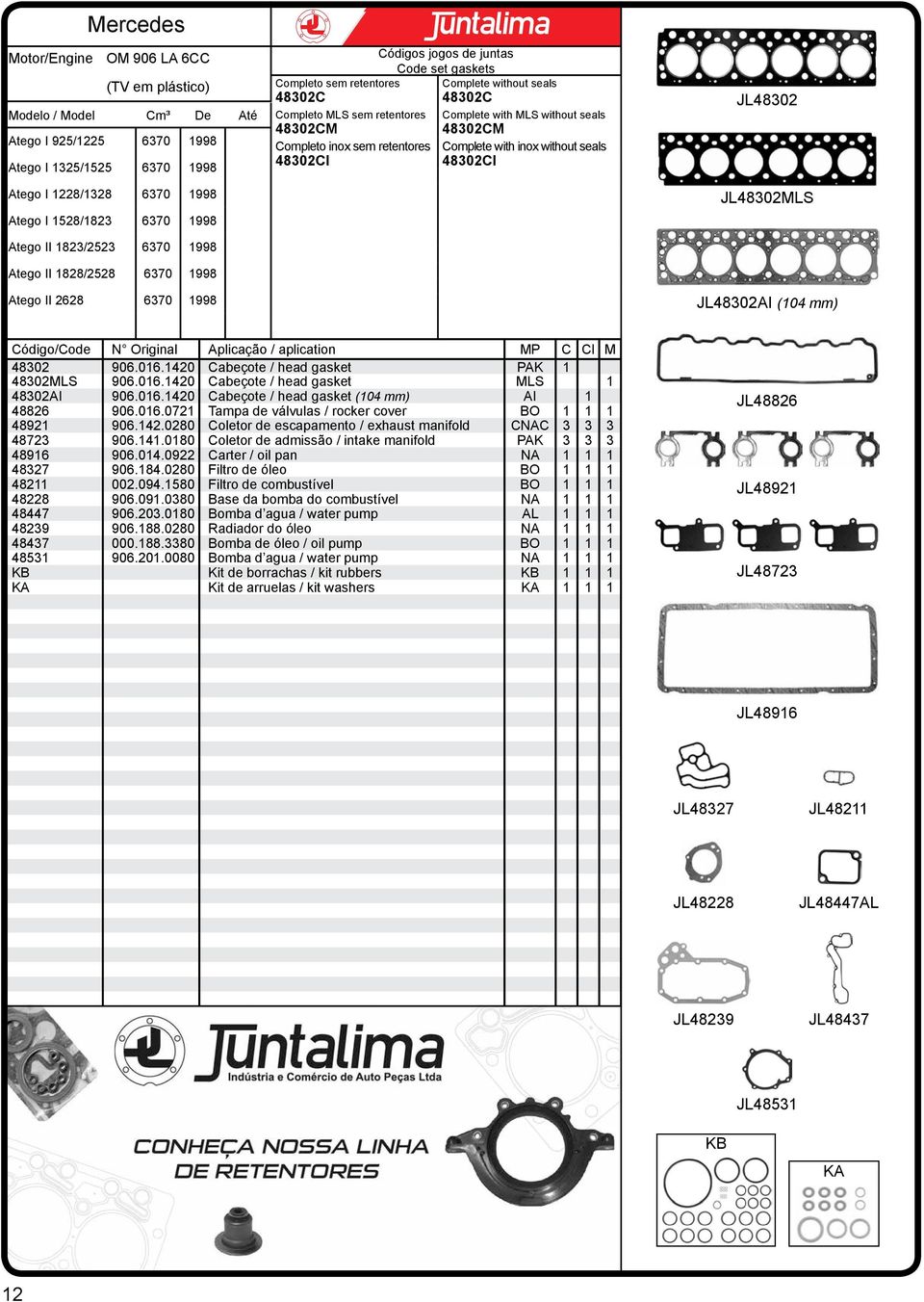 48302ci 48302ci JL48302 JL48302MLS JL48302AI (104 mm) Código/Code N Original Aplicação / aplication MP C CI M 48302 906.016.1420 Cabeçote / head gasket PAK 1 48302MLS 906.016.1420 Cabeçote / head gasket MLS 1 48302AI 906.