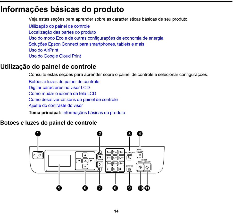 e mais Uso do AirPrint Uso do Google Cloud Print Utilização do painel de controle Consulte estas seções para aprender sobre o painel de controle e selecionar configurações.