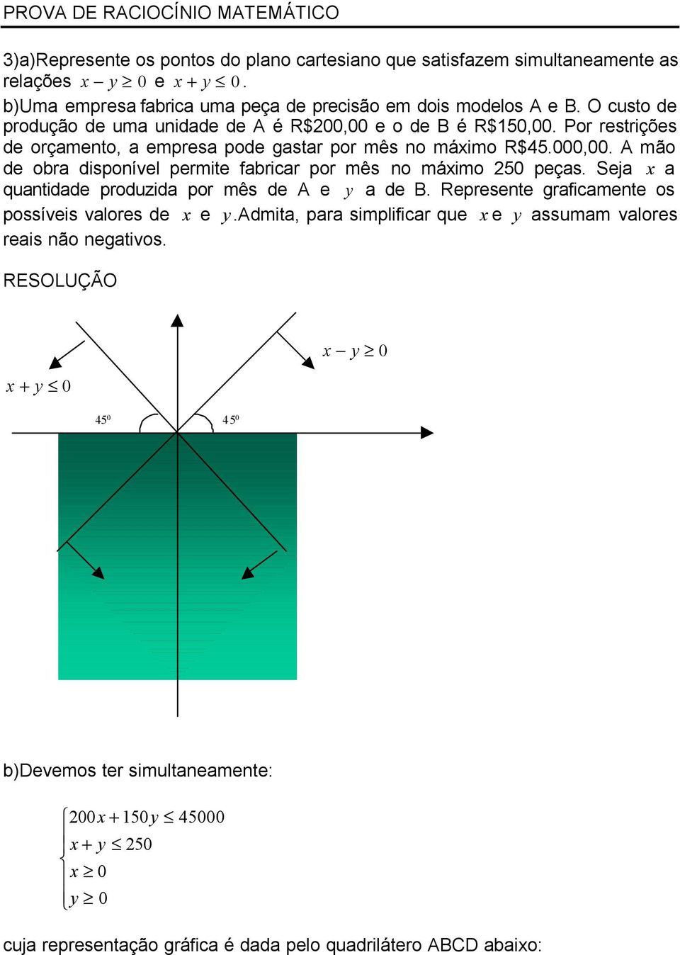 fabricar por mês no máimo 50 peças Seja a quantidade produzida por mês de A e y a de B Represente graficamente os possíveis valores de e yadmita, para simplificar que e y