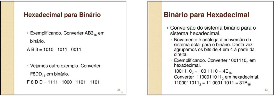 F 8 D D = 1111 1000 1101 1101 Binário para Hexadecimal Conversão do sista binário para o sista hexadecimal.