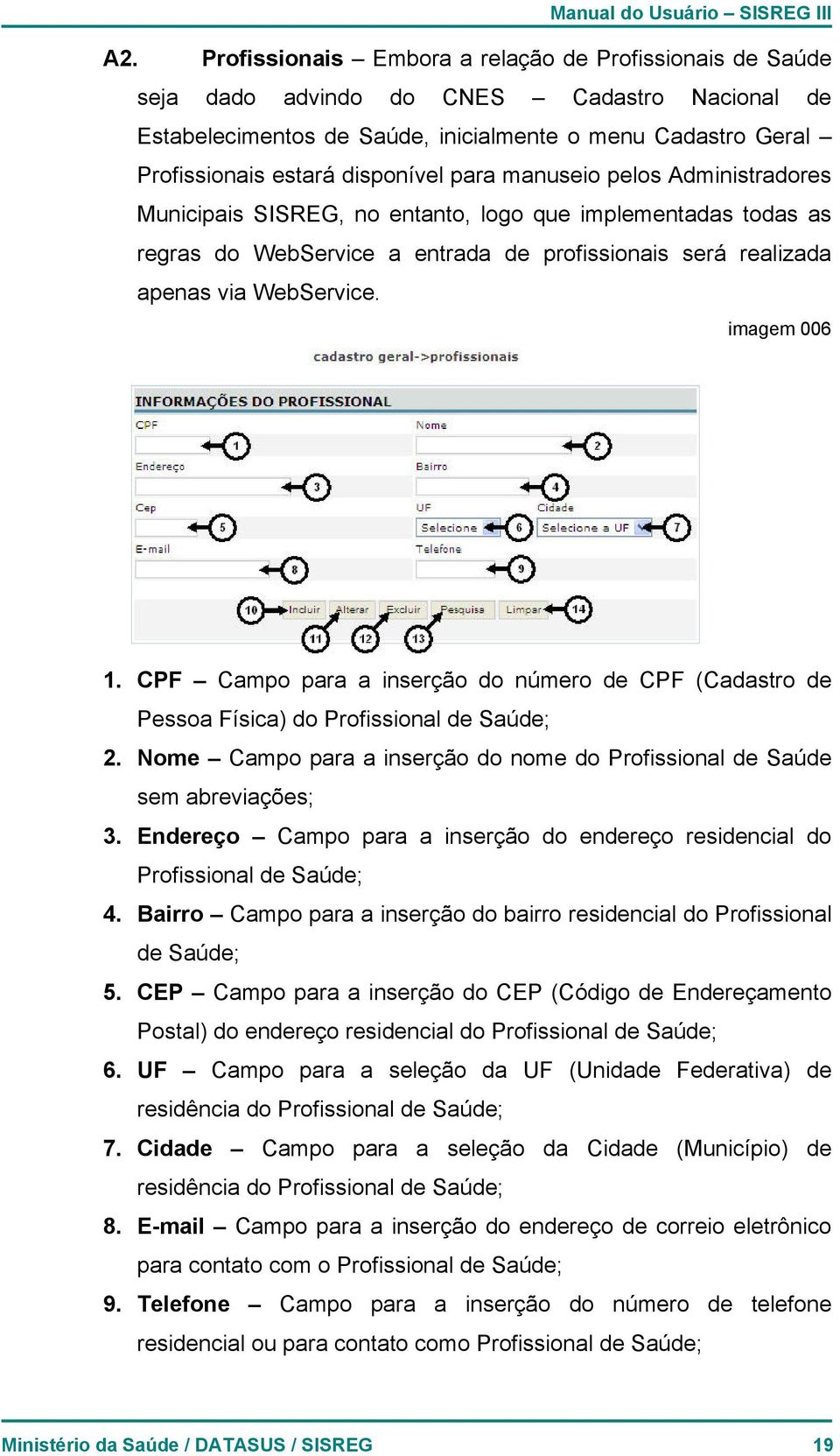 imagem 006 1. CPF Campo para a inserção do número de CPF (Cadastro de Pessoa Física) do Profissional de Saúde; 2. Nome Campo para a inserção do nome do Profissional de Saúde sem abreviações; 3.