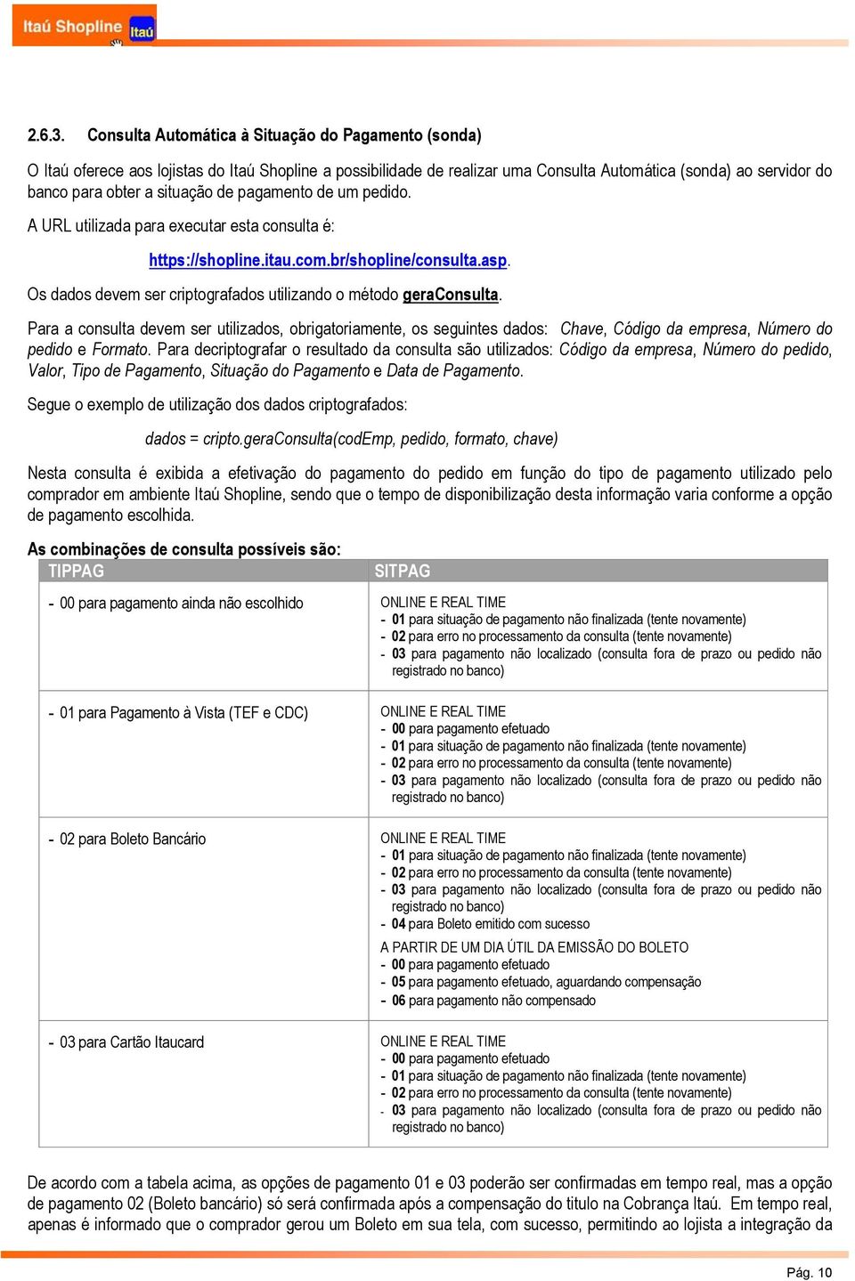 de pagamento de um pedido. A URL utilizada para executar esta consulta é: https://shopline.itau.com.br/shopline/consulta.asp. Os dados devem ser criptografados utilizando o método geraconsulta.