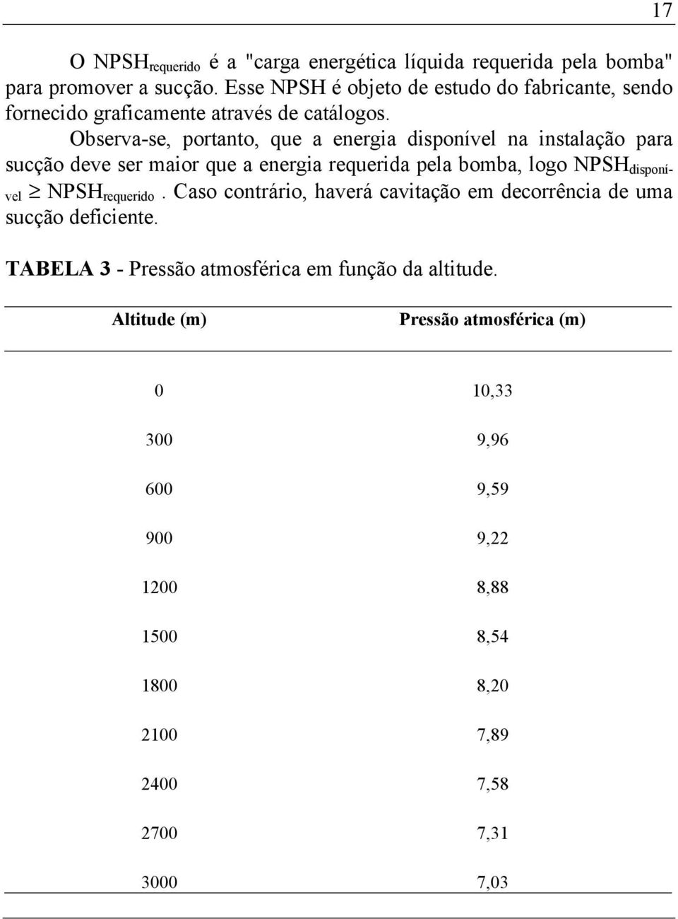 Observa-se, portanto, que a energia disponível na instalação para sucção deve ser maior que a energia requerida pela bomba, logo NPSH disponível NPSH