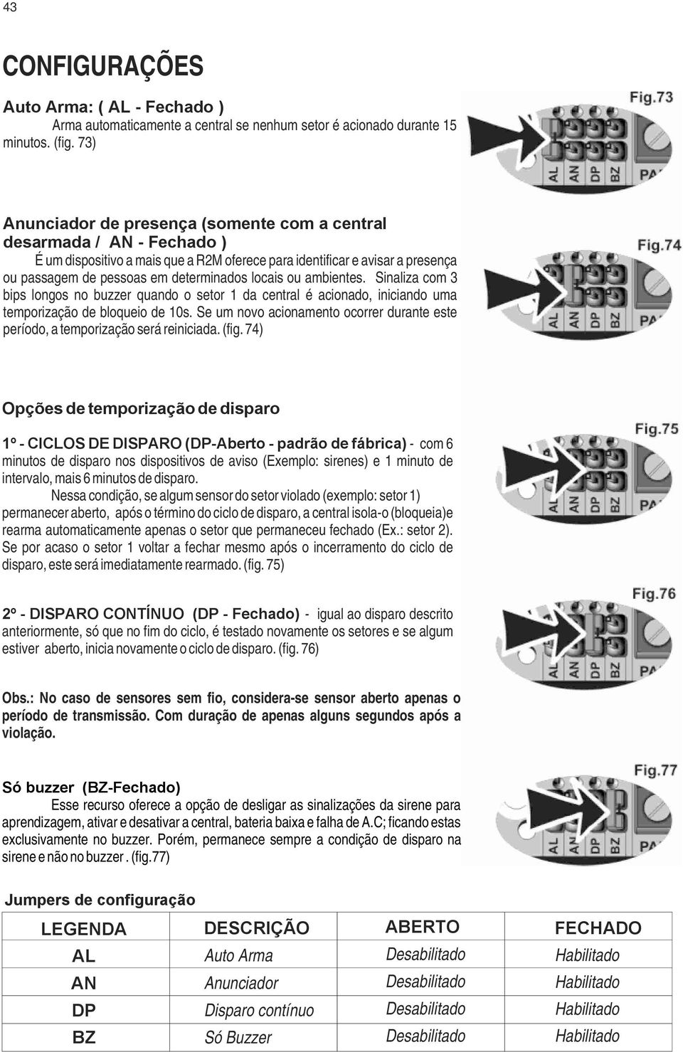 locais ou ambientes. Sinaliza com 3 bips longos no buzzer quando o setor 1 da central é acionado, iniciando uma temporização de bloqueio de 10s.