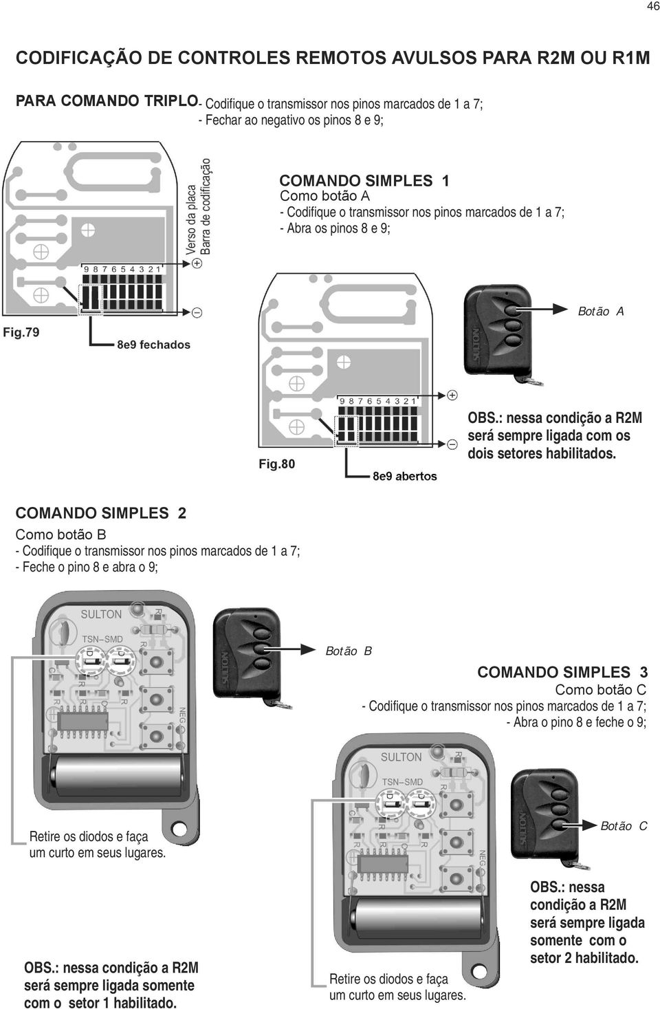 COMANDO SIMPLES 2 Como botão B - Codifique o transmissor nos pinos marcados de 1 a 7; - Feche o pino 8 e abra o 9; Botão B COMANDO SIMPLES 3 Como botão C - Codifique o transmissor nos pinos marcados