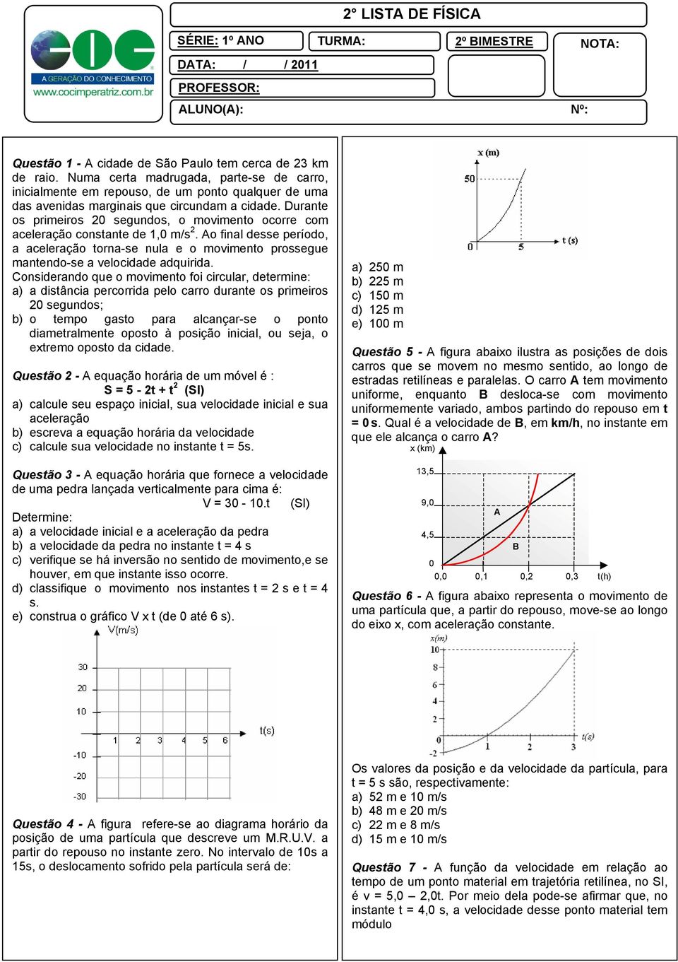 Durante os primeiros 20 segundos, o movimento ocorre com aceleração constante de 1,0 m/s 2.