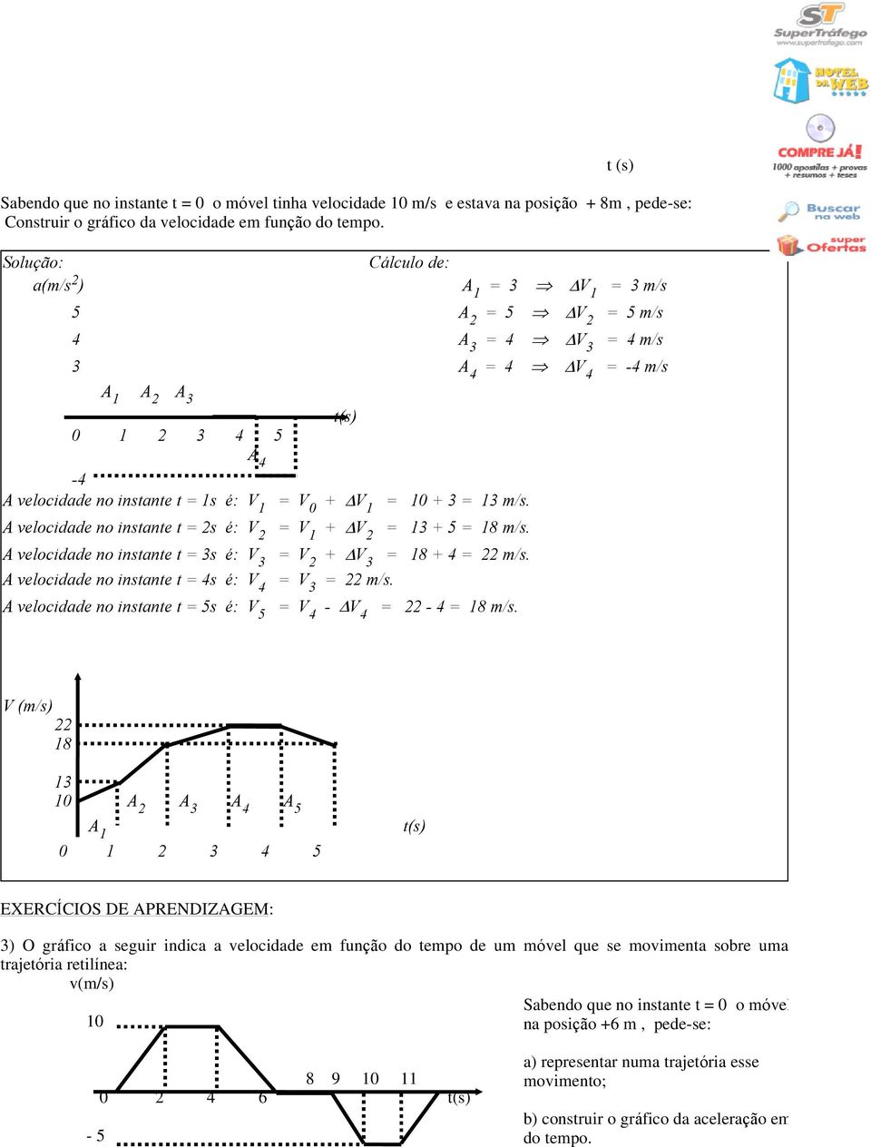 1s é: V 1 = V 0 + DV 1 = 10 + 3 = 13 m/s. A velocidade no instante t = 2s é: V 2 = V 1 + DV 2 = 13 + 5 = 18 m/s. A velocidade no instante t = 3s é: V 3 = V 2 + DV 3 = 18 + 4 = 22 m/s.