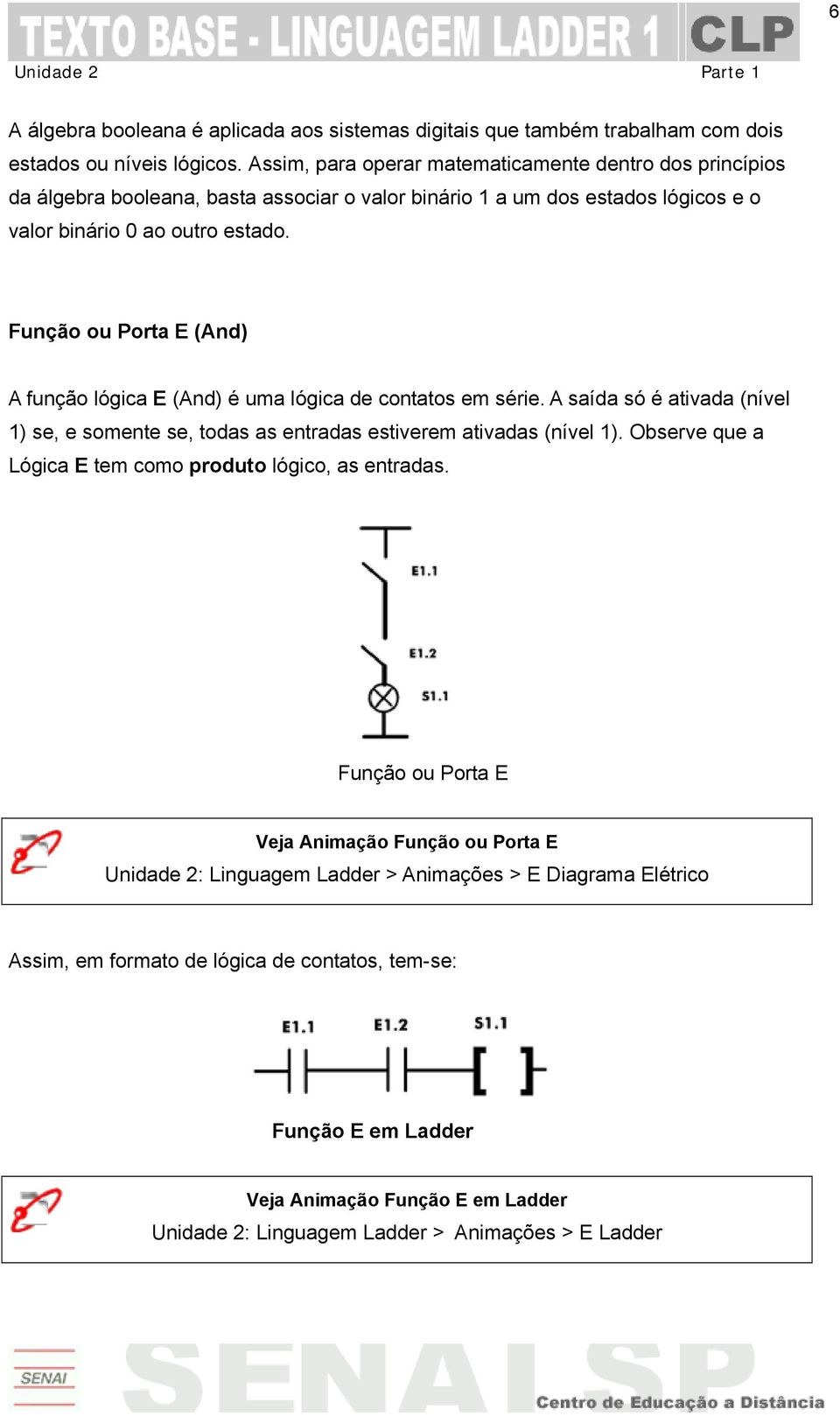 Função ou Porta E (And) A função lógica E (And) é uma lógica de contatos em série. A saída só é ativada (nível 1) se, e somente se, todas as entradas estiverem ativadas (nível 1).