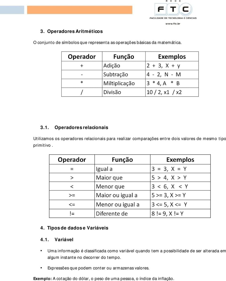 Tipos de dados e Variáveis 4.1.