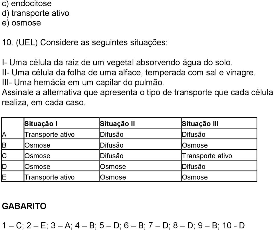 Assinale a alternativa que apresenta o tipo de transporte que cada célula realiza, em cada caso.