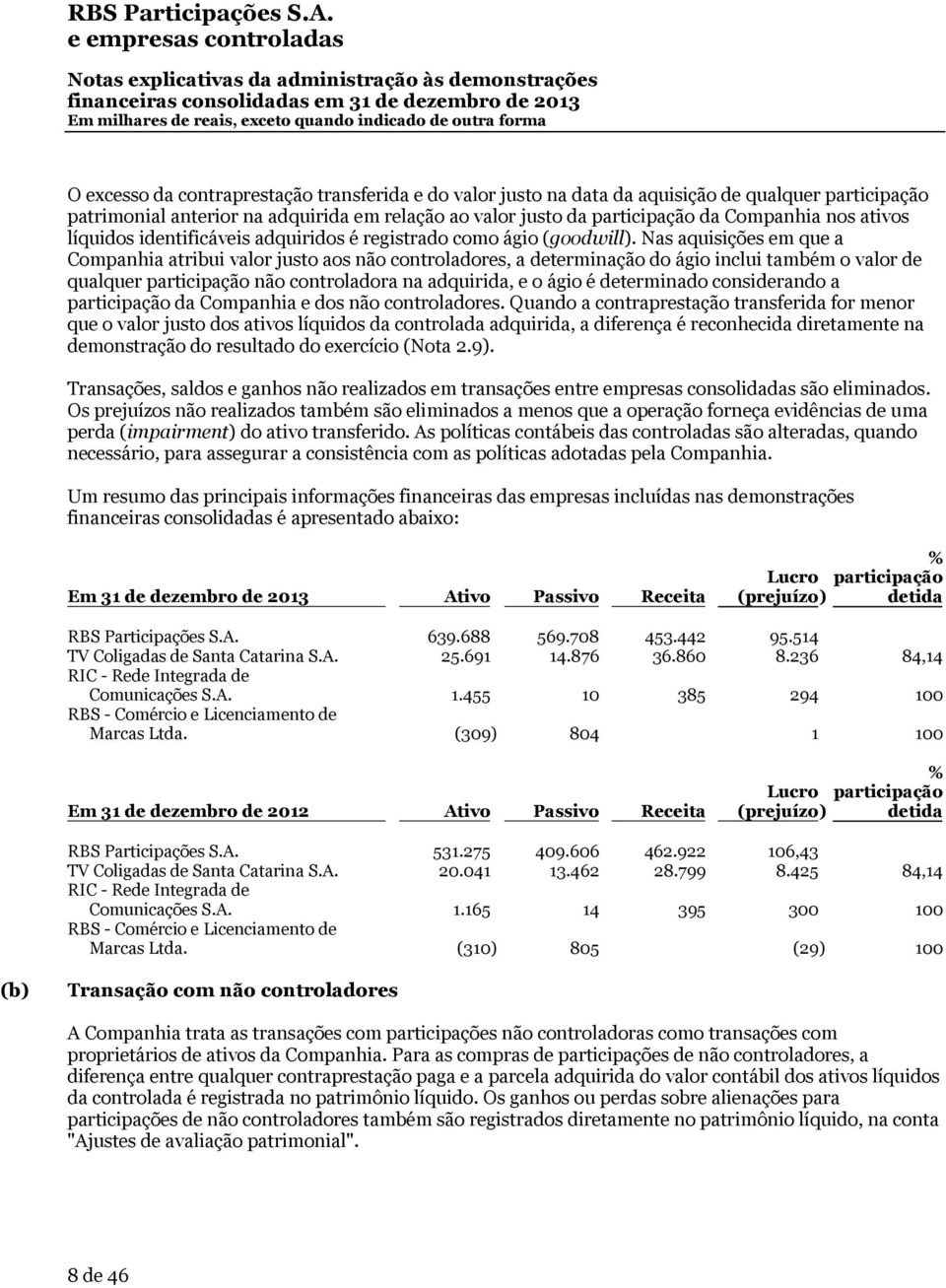 Nas aquisições em que a Companhia atribui valor justo aos não controladores, a determinação do ágio inclui também o valor de qualquer participação não controladora na adquirida, e o ágio é