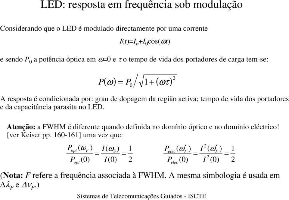 e da capacitância parasita no LED. Atenção: a FWHM é diferente quando definida no domínio óptico e no domínio eléctrico! [ver Keiser pp.