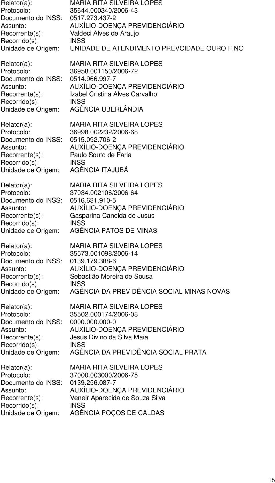 706-2 Recorrente(s): Paulo Souto de Faria Unidade de Origem: AGÊNCIA ITAJUBÁ Protocolo: 37034.002106/2006-64 Documento do INSS: 0516.631.