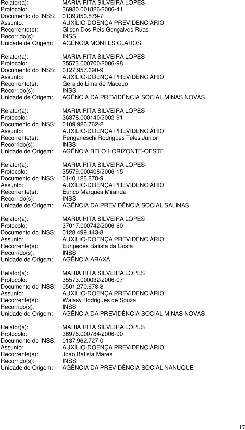 762-2 Recorrente(s): Renganeschi Rodrigues Teles Junior Unidade de Origem: AGÊNCIA BELO HORIZONTE-OESTE Protocolo: 35579.000408/2006-15 Documento do INSS: 0140.126.