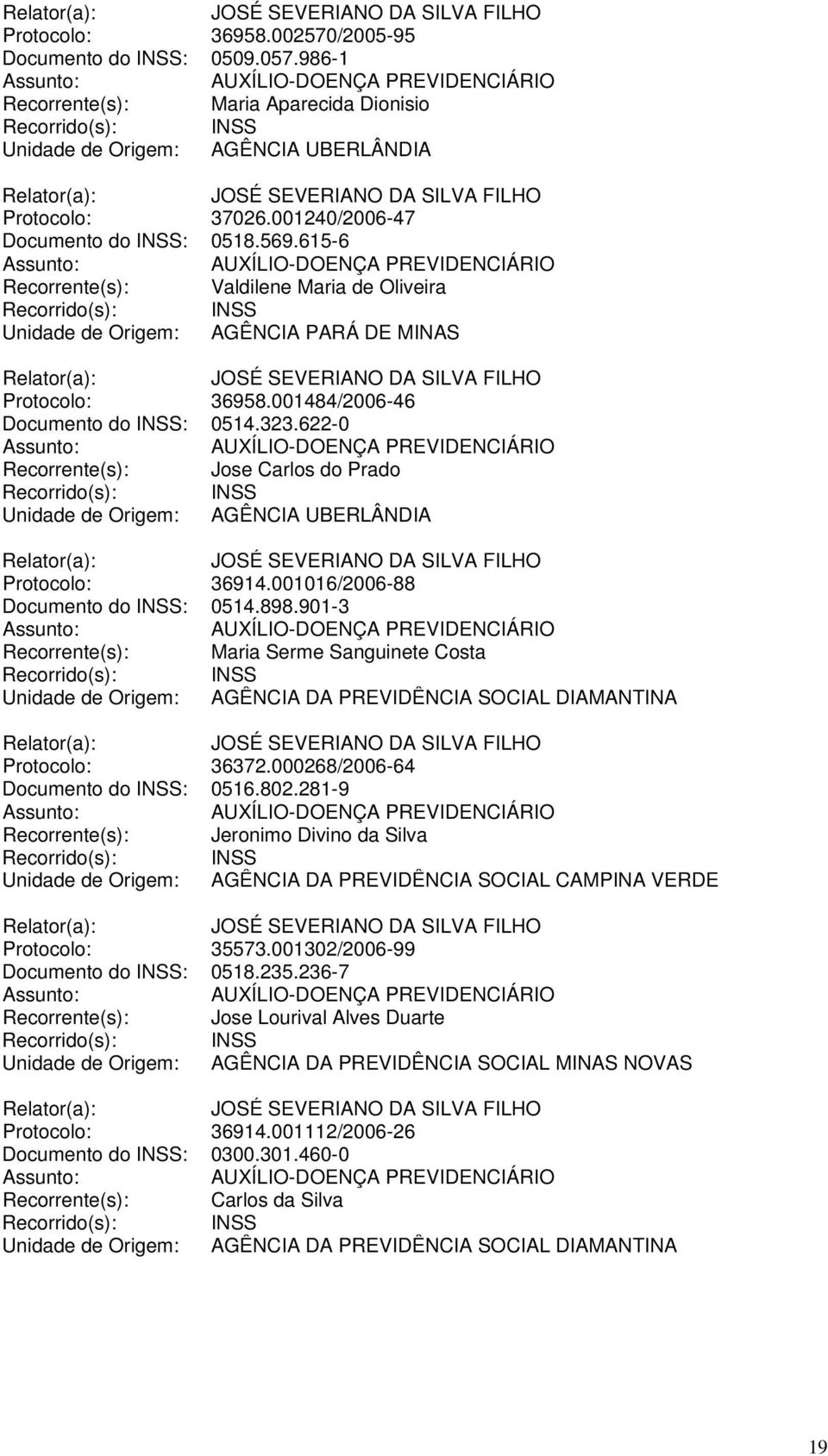 622-0 Recorrente(s): Jose Carlos do Prado Unidade de Origem: AGÊNCIA UBERLÂNDIA Protocolo: 36914.001016/2006-88 Documento do INSS: 0514.898.