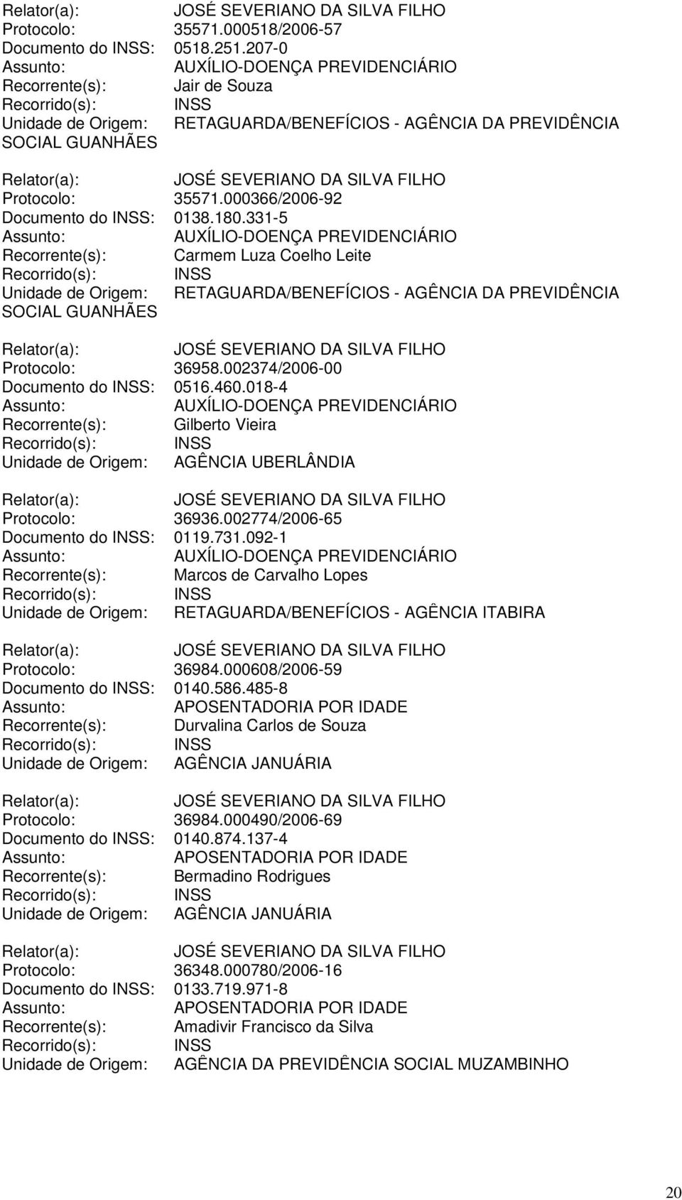 002374/2006-00 Documento do INSS: 0516.460.018-4 Recorrente(s): Gilberto Vieira Unidade de Origem: AGÊNCIA UBERLÂNDIA Protocolo: 36936.002774/2006-65 Documento do INSS: 0119.731.