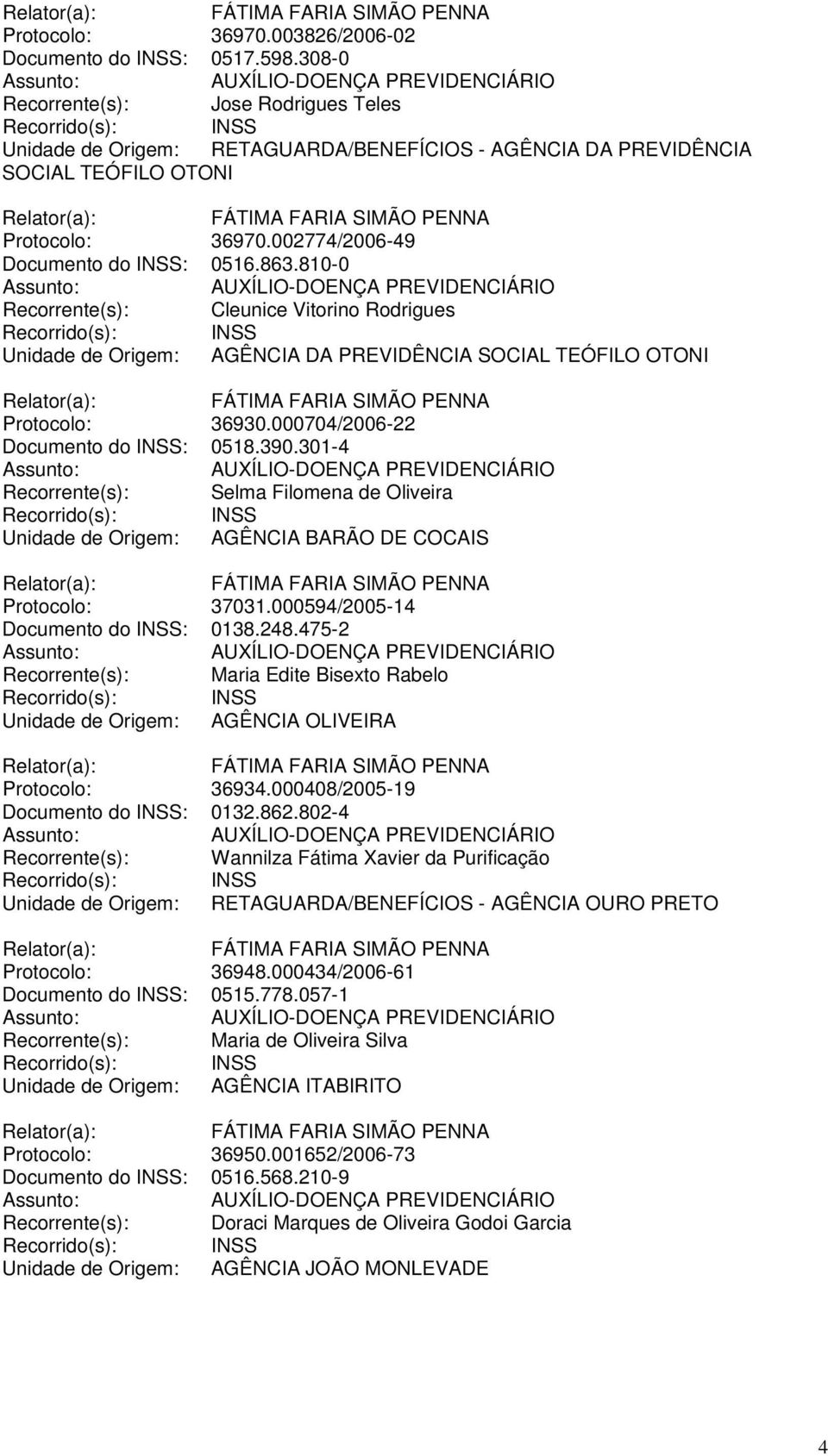 810-0 Recorrente(s): Cleunice Vitorino Rodrigues Unidade de Origem: AGÊNCIA DA PREVIDÊNCIA SOCIAL TEÓFILO OTONI Protocolo: 36930.000704/2006-22 Documento do INSS: 0518.390.