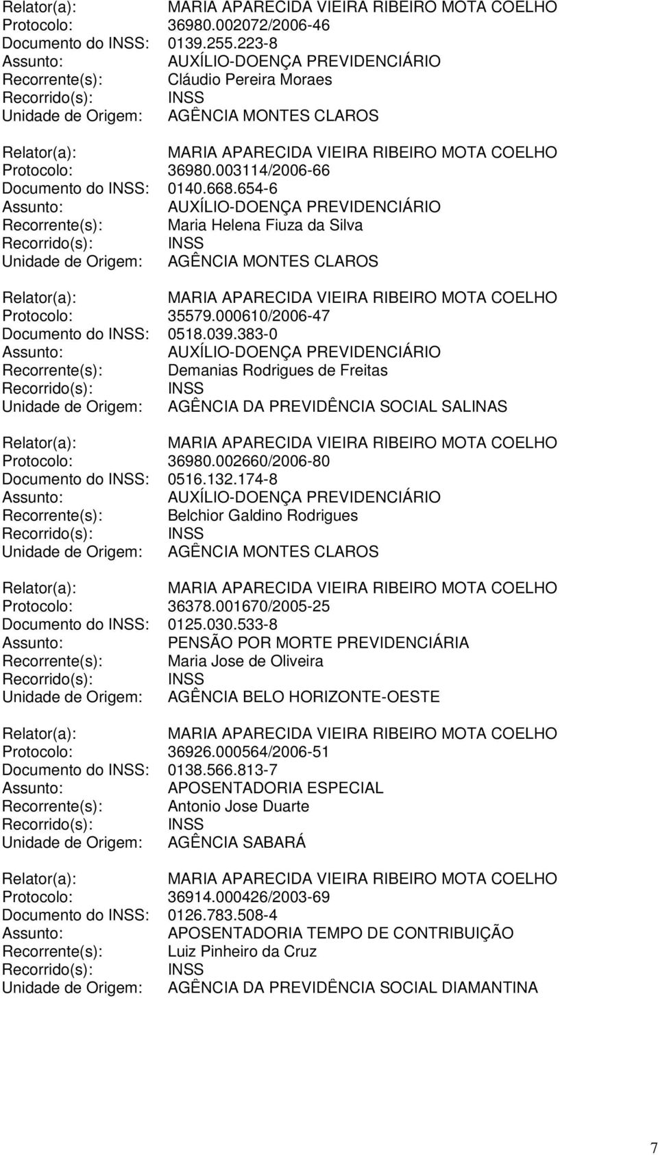 383-0 Recorrente(s): Demanias Rodrigues de Freitas Unidade de Origem: AGÊNCIA DA PREVIDÊNCIA SOCIAL SALINAS Protocolo: 36980.002660/2006-80 Documento do INSS: 0516.132.